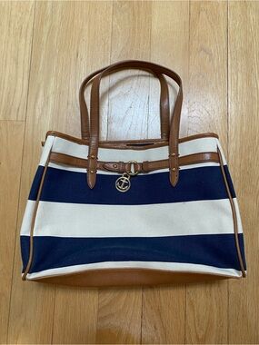 Tommy Hilfiger Nautical Striped Canvas Tote in Navy and White with Brown Leather